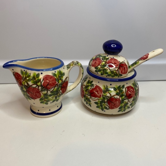 Polish Pottery Sugar bowl and creamer From Zaklady Ceramiczne Boleslawiec Unikat - Picture 1 of 14